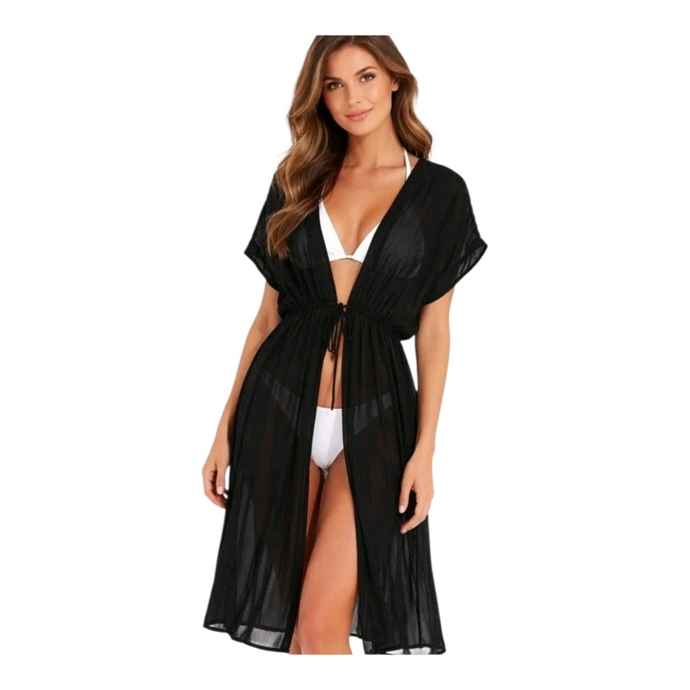 Kona Sol Women's L/XL Long Black Crinkled Gauze Beach Cinch-Waist Swim Cover-Up